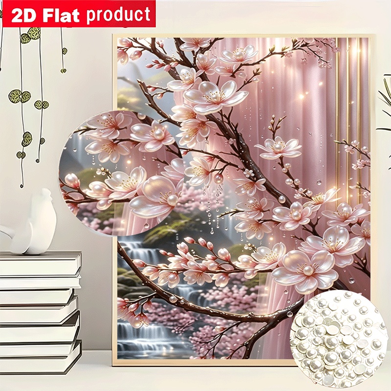 TEMU Painting Diy Creative Rhinestone Art Kit Featuring A Pink Cherry Stream Pattern, Includes Tools And Pearl Rhinestone Pack. A Great Item For