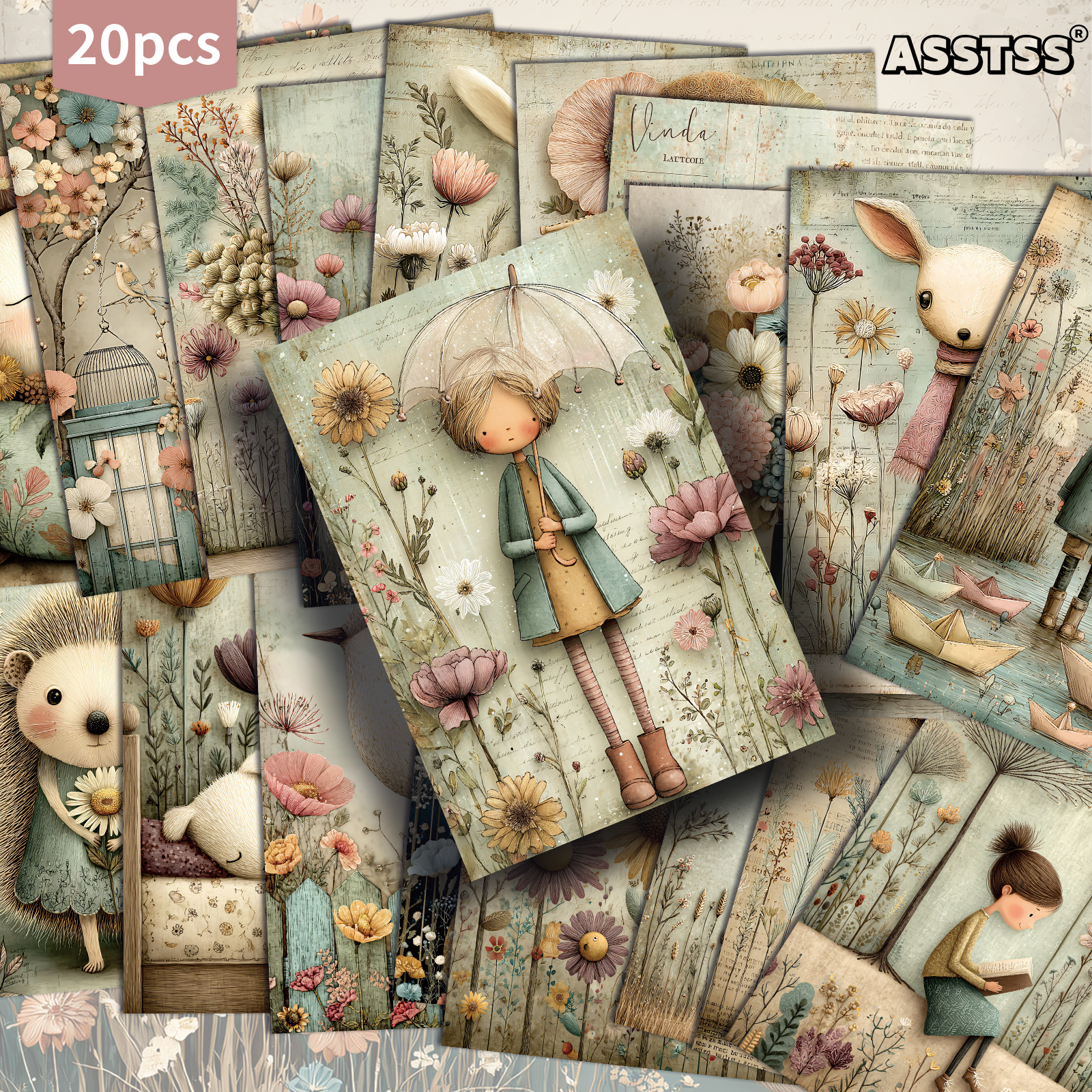 TEMU 20er-Pack ASSTSS Frühlings-Tier- Blumen-Geschenkkarten - 4x6 Zoll Retro Junk-Journal-Papier, Klassische -Illustrationen, Sammelbare Dekorative