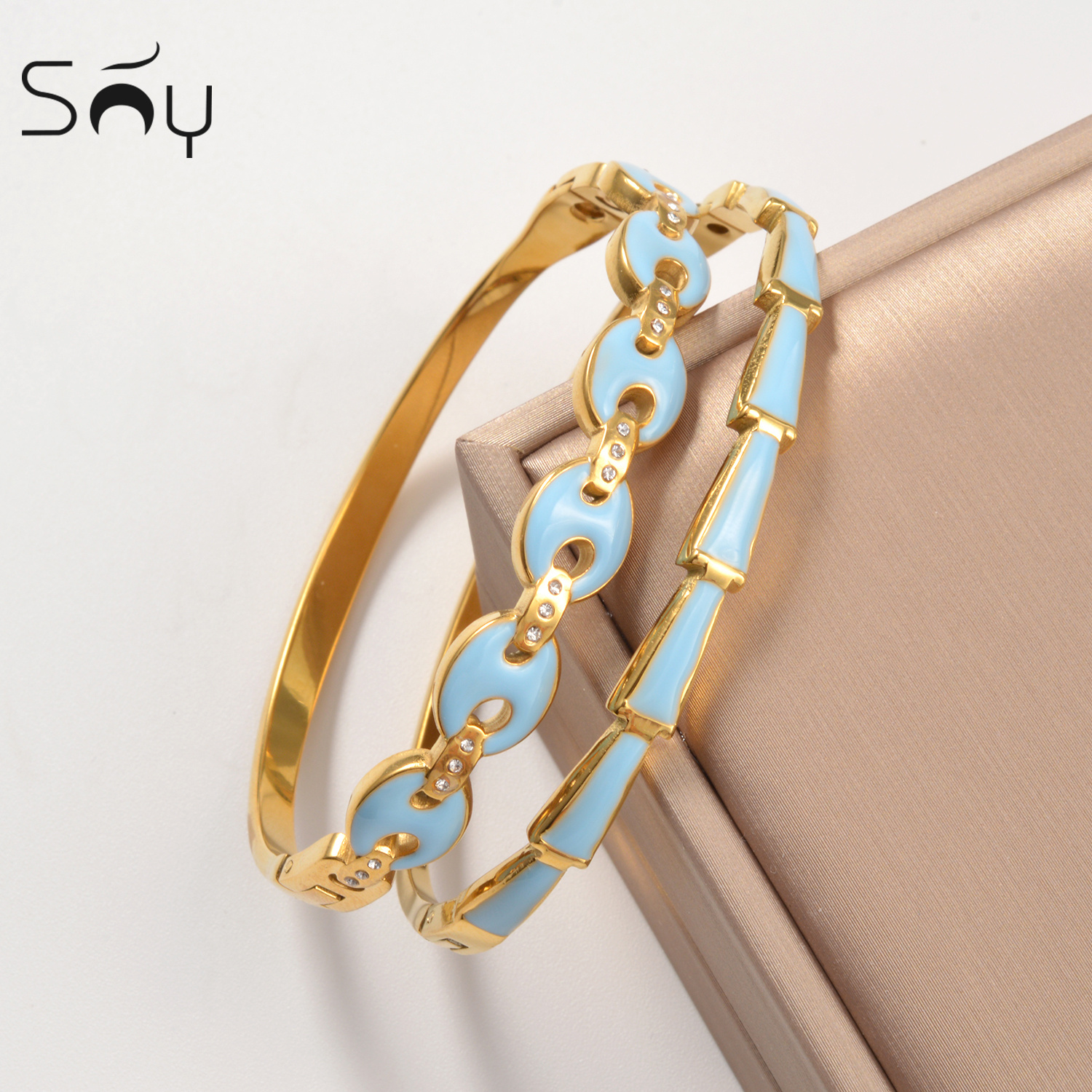 18K Gold Plated Sky Blue Enamel Bangle Bracelet, Stylish Gift