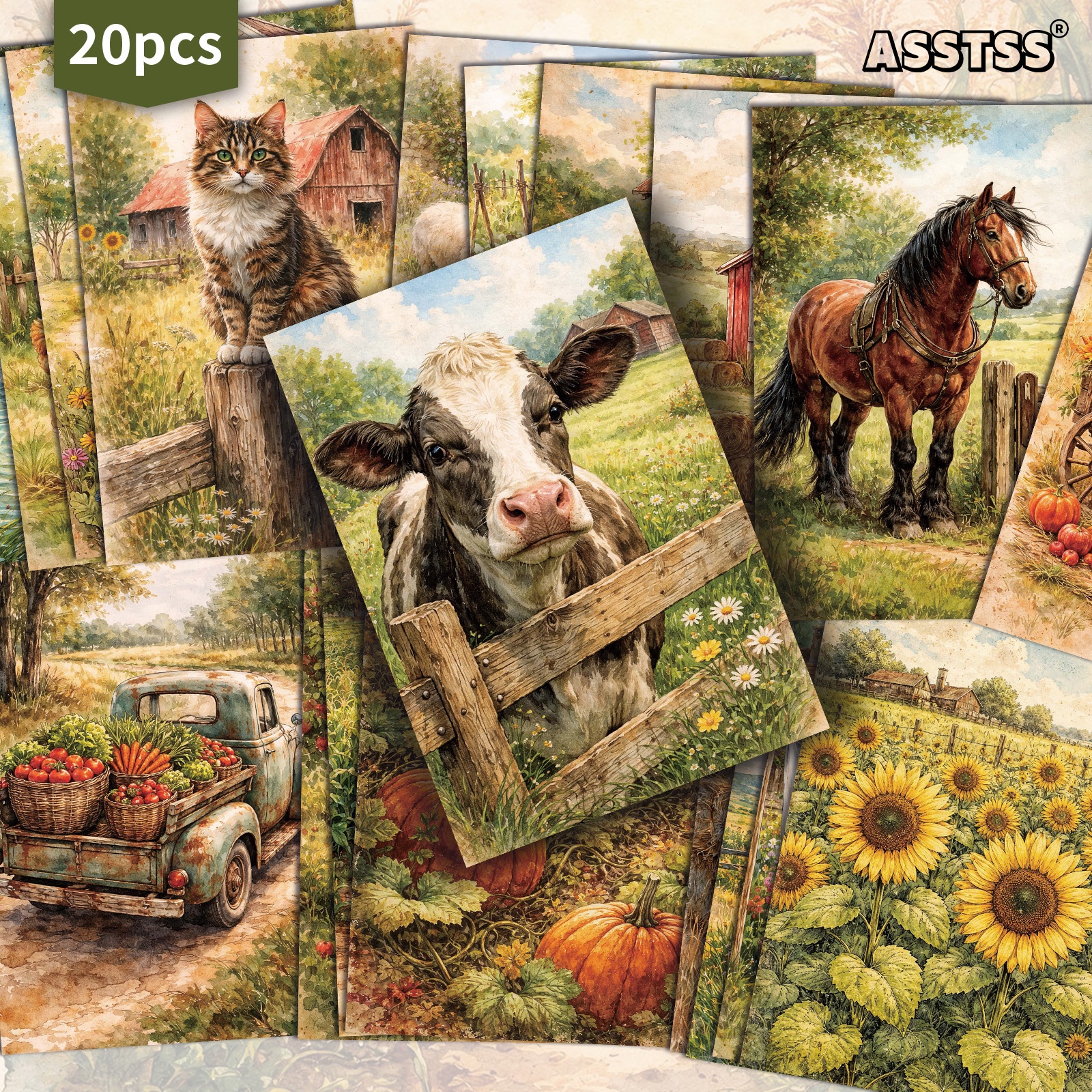 TEMU 20-pack Asstss Vintage Watercolor Farm Animals Postcards - 4x6 Inches Retro Junk Journal Supplies, Classic Pinup Illustrations Collectible