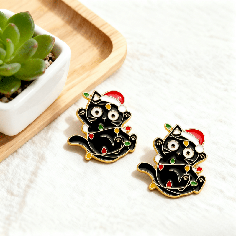 TEMU Set Of 2 Adorable Black Cat Enamel Pins Featuring Christmas Lights, A Perfect Festive Accessory For The , An Essential Gift For Cat Enthusiasts