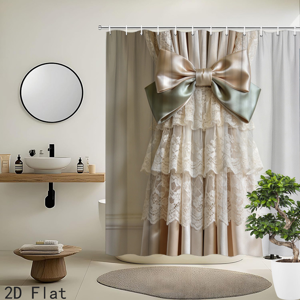 TEMU 2d Flat, 2d Flat, 1pc 2d Flat Elegant Lace Shower Curtain With Ruffles And Satin Bow For Bathroom Decor, 70.8x70.8 Inch, Polyester Fabric Bath