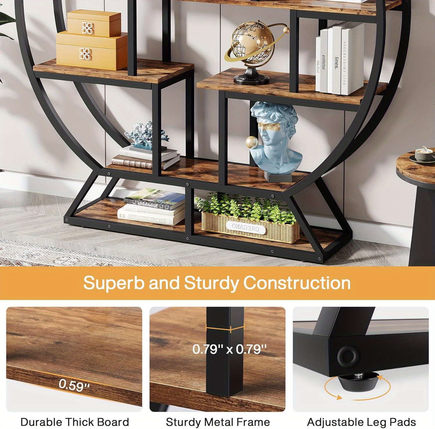 63 Inch Round Industrial Bookshelf - Rustic Wood & Metal Etagere Bookcase with Staggered Shelves, 350lb Capacity, Adjustable Leg Pads, Matte Black & Brown Finish, Open Shelving Organizer for Living Room, Home Office, Bedroom, Kitchen, Bookshelf Decorations, Versatile Display Shelf, Round Silhouette Shelf, Durable Particleboard