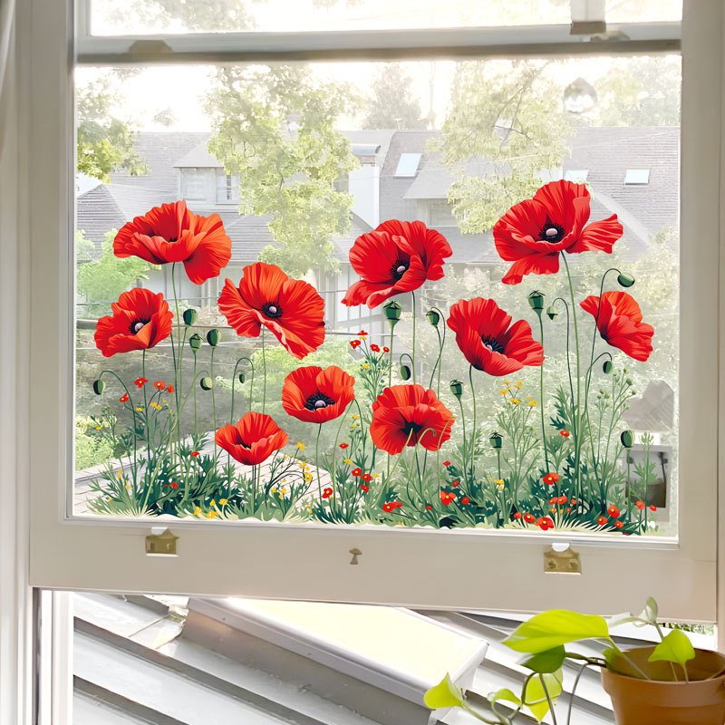 TEMU 2d Flat - 2d Flat - Poppy Field 2d Static Cling Window Sticker, Window Decor For Bedroom And Study, Perfect Housewarming Gift