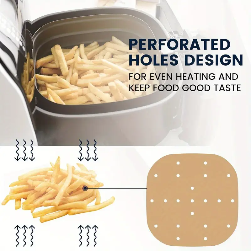 400pcs 6. 3 inch square air fryer parchment paper liners disposable, unbleached air fryer sheets with holes, perforated steamer liners for 2- 5qt basket air fryer microwave oven frying pan plate, air fryer liners paper, disposable air fryer liners, air fryer paper liners, air fryer liners disposable, kitchen essentials, baking sheets, nonstick liners, perforated design, heatresistant liners, unbleached paper, oven safe liners, cooking liners, meal preppers, home cooks Product details 2