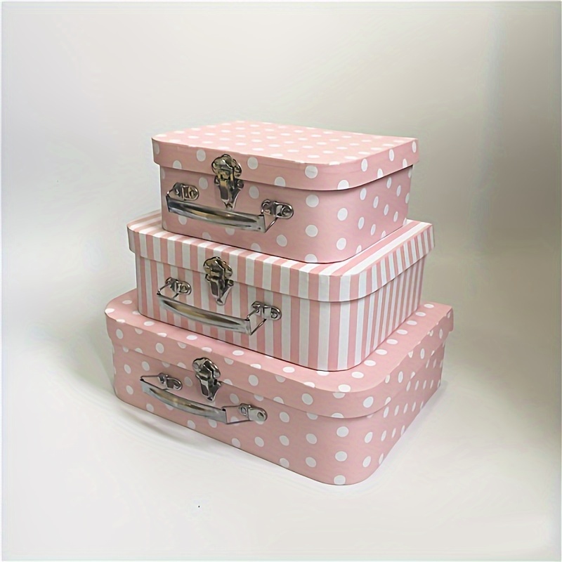 E-shop 3-teiliges Geschenkbox-Set aus Karton im Vintage-Stil – Polka Dot und Streifen Design, rustikale Hochzeits-Reisekoffer, Partygeschenke,