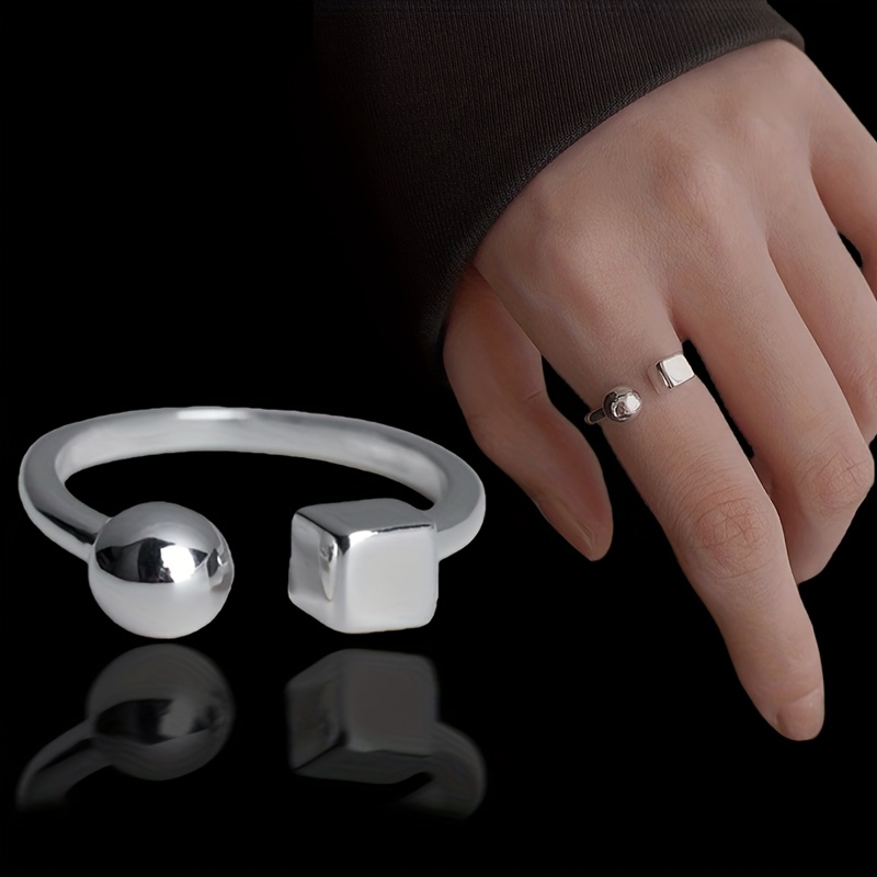 Women's Minimalist Silvery Ball & Cube Adjustable Ring, Versatile