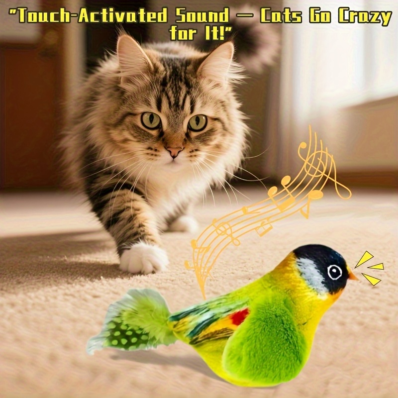 TEMU Interactive Plush Bird Teaser Toy For Cats- Realistic Chirping Sound, Artificial Feathers, Fluffy Feather Sticks, Handmade Design, Single-player Gaming And Hunting Fun, Suitable For All Cats