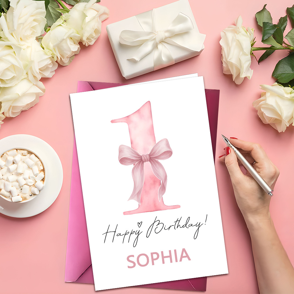 TEMU Personalized Birthday Greeting Cards Available In Sets Of 1 Or 10, Complete With Envelopes. Cards Showcase A Pink Watercolor Design Of 1 With A