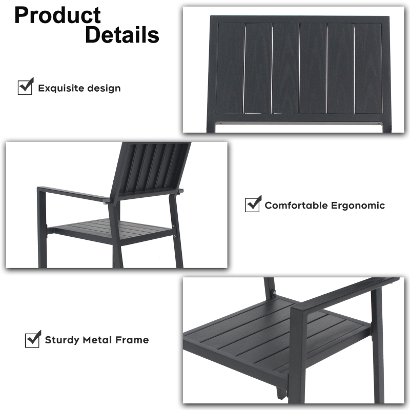 5pcs Outdoor Patio Dining Set, 47' Round Wood-Grain Slat Table W/ Umbrella Hole And 4 Stacking Metal Chairs 350 Lbs Capacity, Rustproof, Breathable Design, 30-Min Assembly, Patio, Garden, Balcony