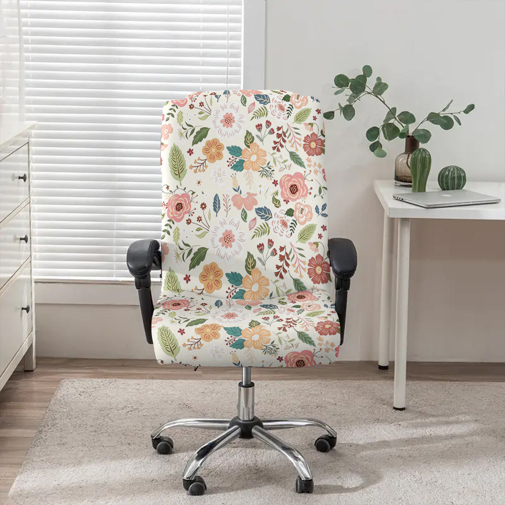 TEMU 1 Housse de chaise de bureau pour ordinateur avec motif floral couture dessiné à , tissu en fibre de lait avec élastique amovible et lavable en