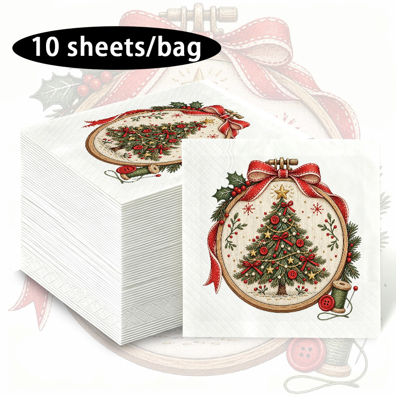 TEMU Vintage Embroidered Napkins, Christmas Vintage Embroidered Pattern Printed Tissues, A Popular Choice For Festive Settings, Christmas Tree Bow