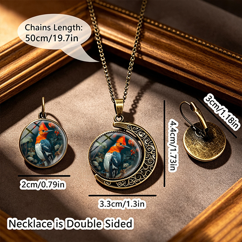 3pc Vintage Orange Crested Bird Jewelry Set, Necklace & Earrings