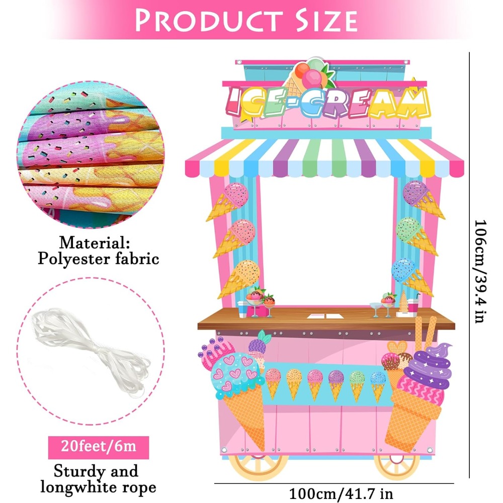 TEMU 2d Flat, Ice Themed Photo Backdrop Banner - Bohemian Suitable For Birthday Party Decorations, Banner With Ice Cream Cone & , For Photo
