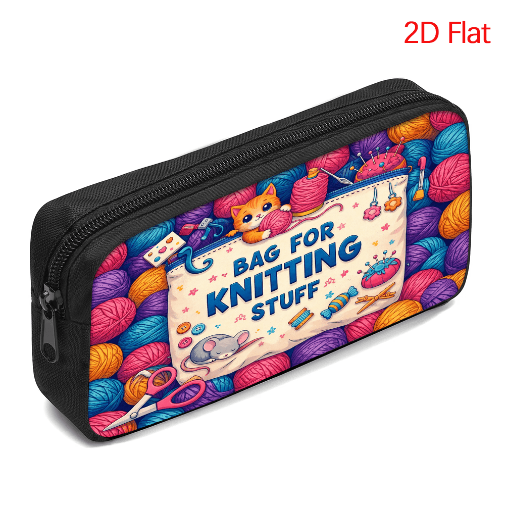 TEMU 1pc Pencil Case 2d Flat Printed Colorful Yarn Balls Knitting Needles Scissors Cat Mouse Stationery Bag Office Supplies , Student Share / Study