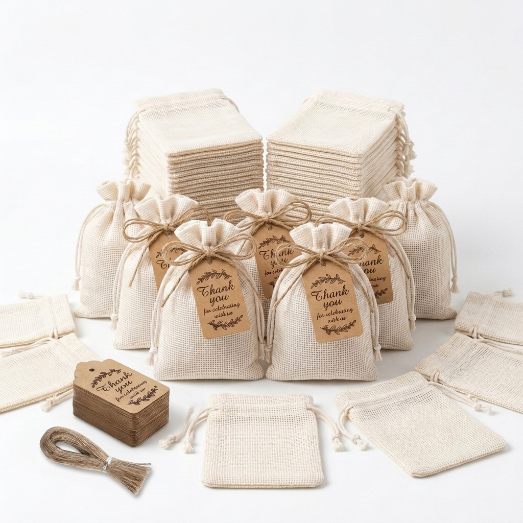 TEMU 35pcs Drawstring Bags Gift Pouches With Paper Tags And Jute Hanging Rope, Durable Lightweight Fabric Favor Bags For Wedding Party Treats,