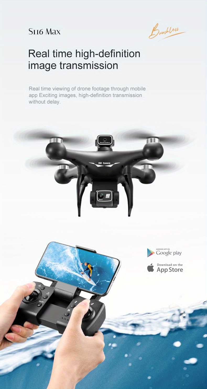 Drone Professionnel S116 avec Moteur Sans Balais, Système de Stabilisation Optique, Caméra Réglable, Wi-Fi FPV, Vidéo HD Sans Fil 480P, Autonomie Jusqu'à 15 Minutes - Idéal pour la Photographie Aérienne, la Course, la Cartographie, l'Inspection - Compatible Smartphone, Chargement USB, Drone Portable