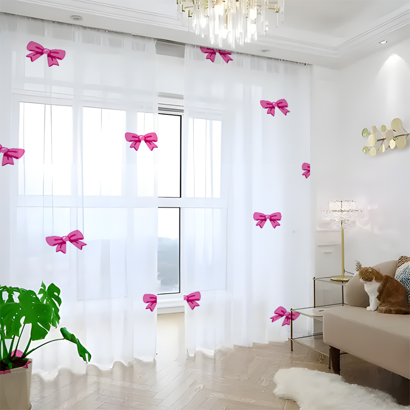 TEMU 2-pack Pink Bows, Sweet And Pattern Printed Translucent Tulle Curtain Series, Suitable For Printed Curtains In Living Room, Kitchen And Bedroom,