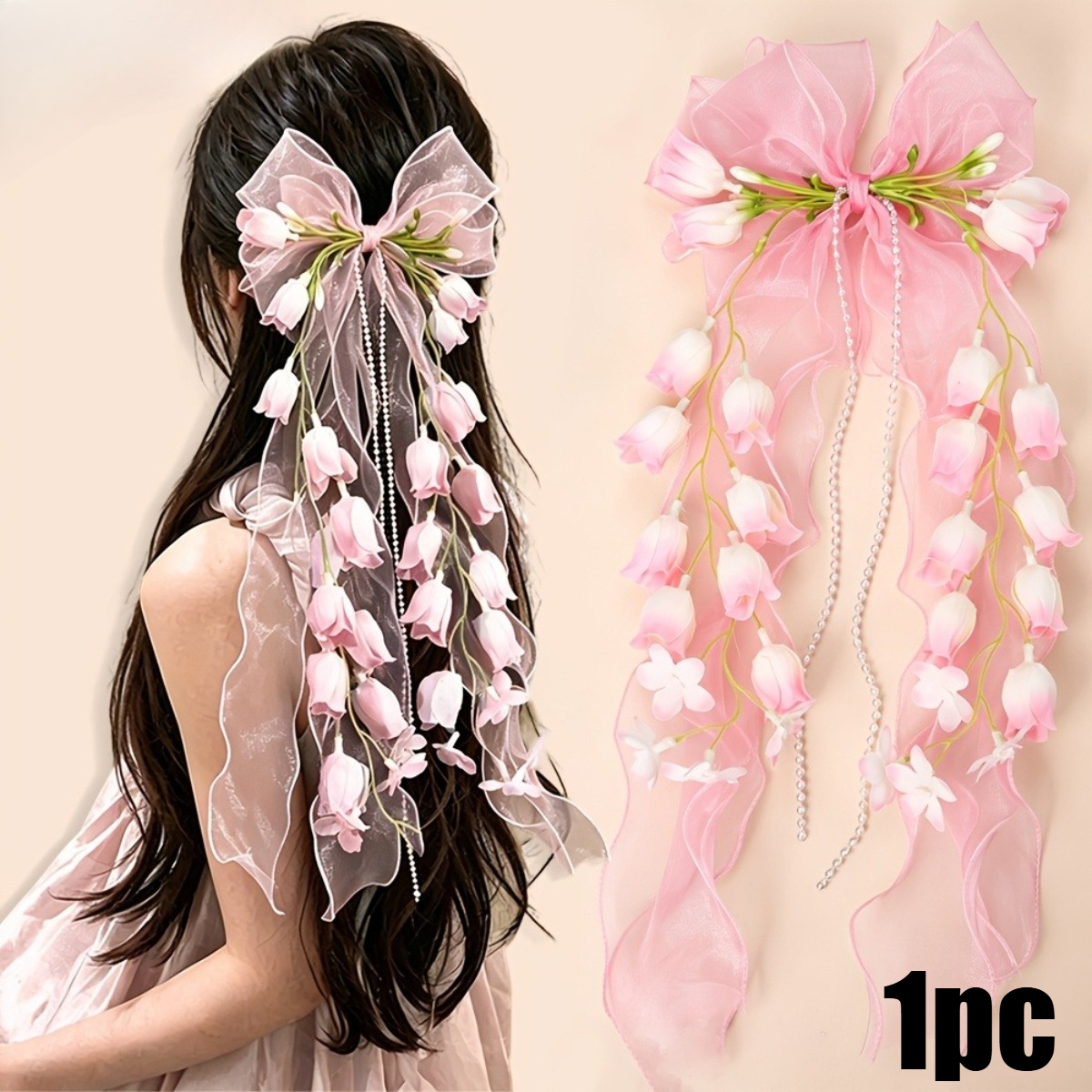 1 item large tulle bow hair clip long ribbon tails spring - Temu