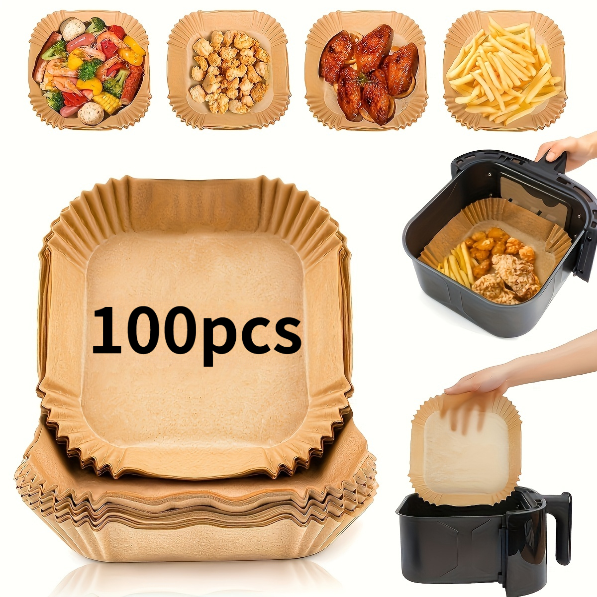 TEMU 100 pièces de papier de cuisson - Doublures universelles pour friteuse à air adaptées aux et micro-ondes - Papier de cuisson antiadhésif à la