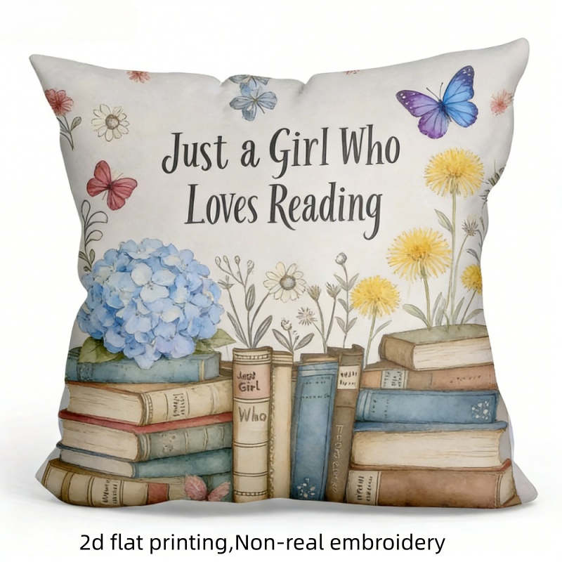 TEMU 1 pièce Housse de Coussin Imprimé Plat 2D " Qui Aime Lire" Pile de Livres, Design Vintage de Motif Floral, Ambiance Livresque Housse Décorative