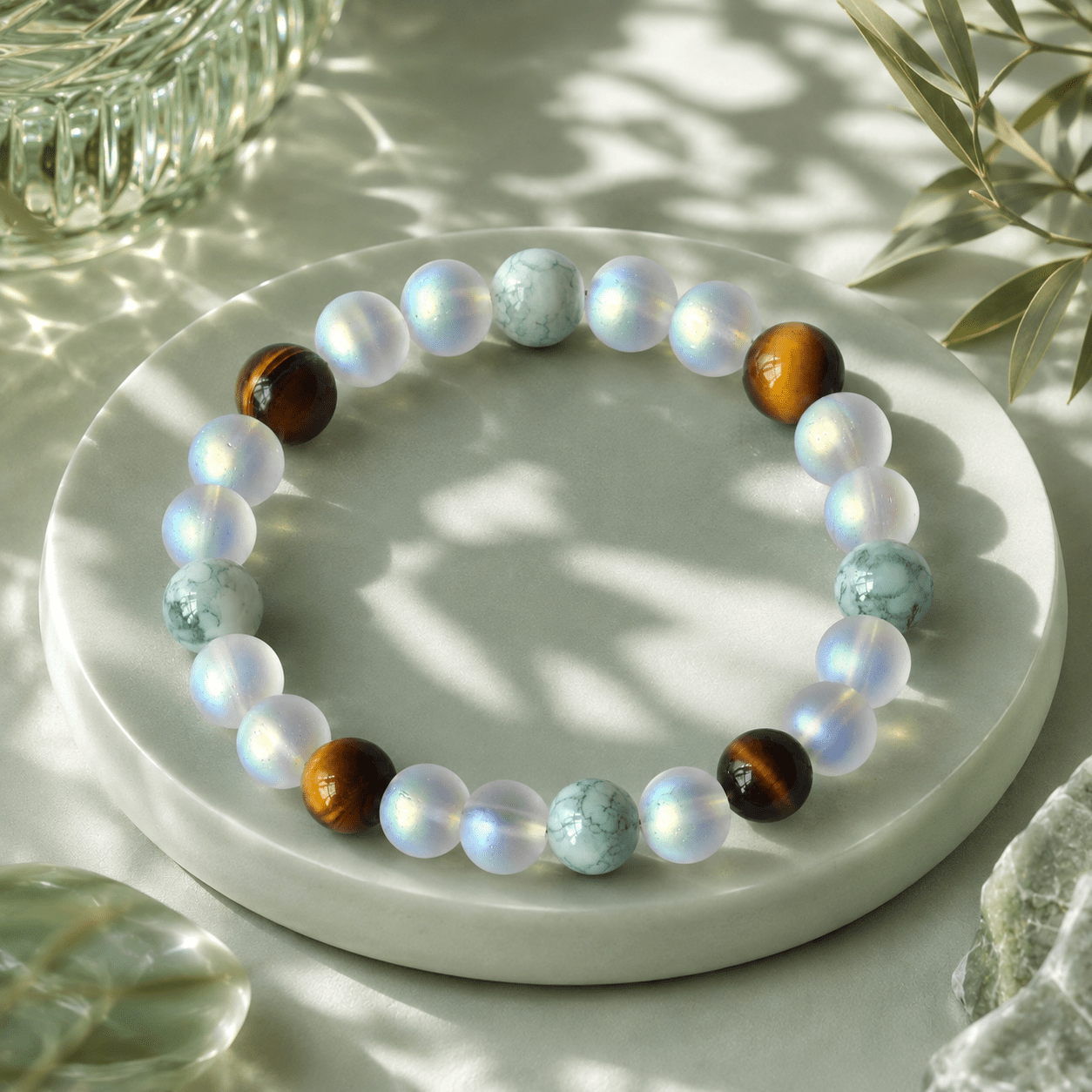 Wealth Bead Bracelet with Mossy Agate, Moonstone & Tiger's Eye