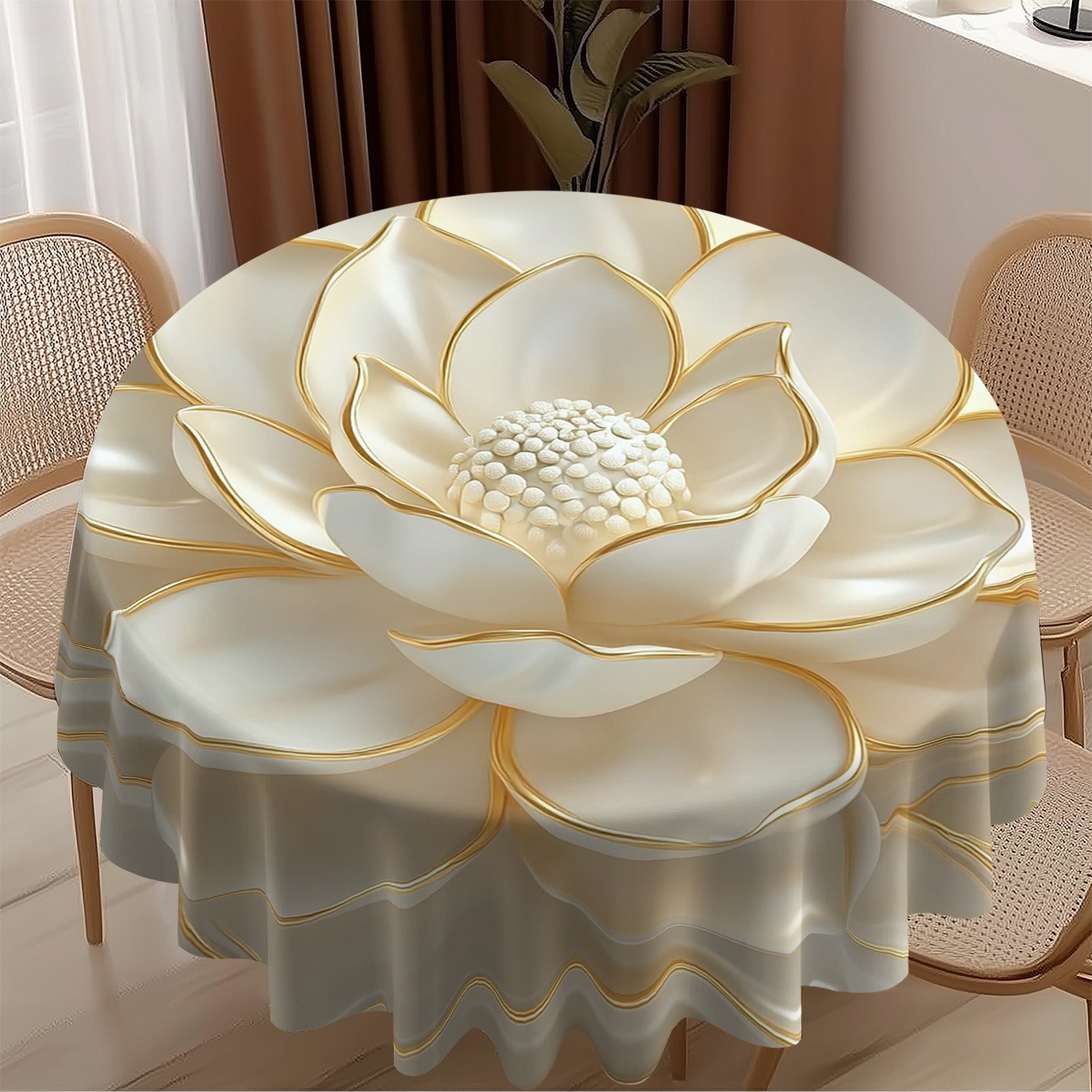 TEMU 1pc Round Tablecloth With White For Lotus Pattern And Three-dimensional Golden Outline, Suitable For Kitchen And Courtyard Scenes, Decor, Round