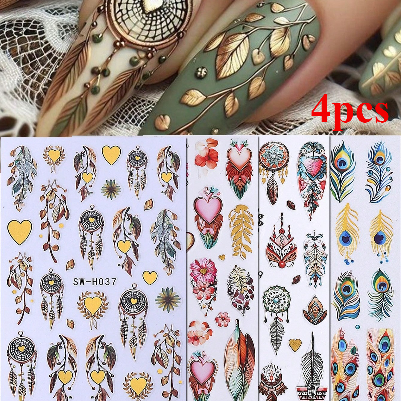 Image of Set Of 4 Self-adhesive Nail Art Stickers Featuring 3d Designs Of Leaves, Feathers, Flowers, Hearts, And In A Bohemian Style, Perfect For Autumn And Winter Retro Nail Art