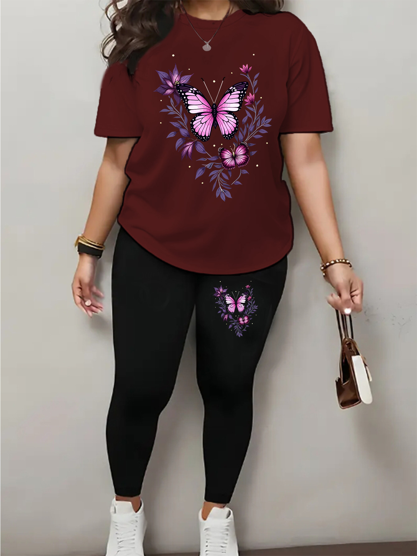 T-Shirt Femme Imprimé Papillon — Style Fleuri Printemps, été, automne et hiver - Ensemble mode femme à manches courtes avec imprimé papillon rimeur neuf. Tenue décontractée saisonnière, design ludique, costume stylisé, vêtements durables, lavable en machine, habillement féminin