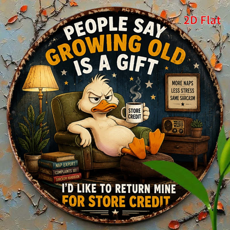 TEMU 2d Flat - [2dflat], 1pc 20x20cm- Funny Growing Old Duck Tin Sign, Sarcastic Elderly Humor Decorative Signs For Living Room Man Cave, Retro Metal