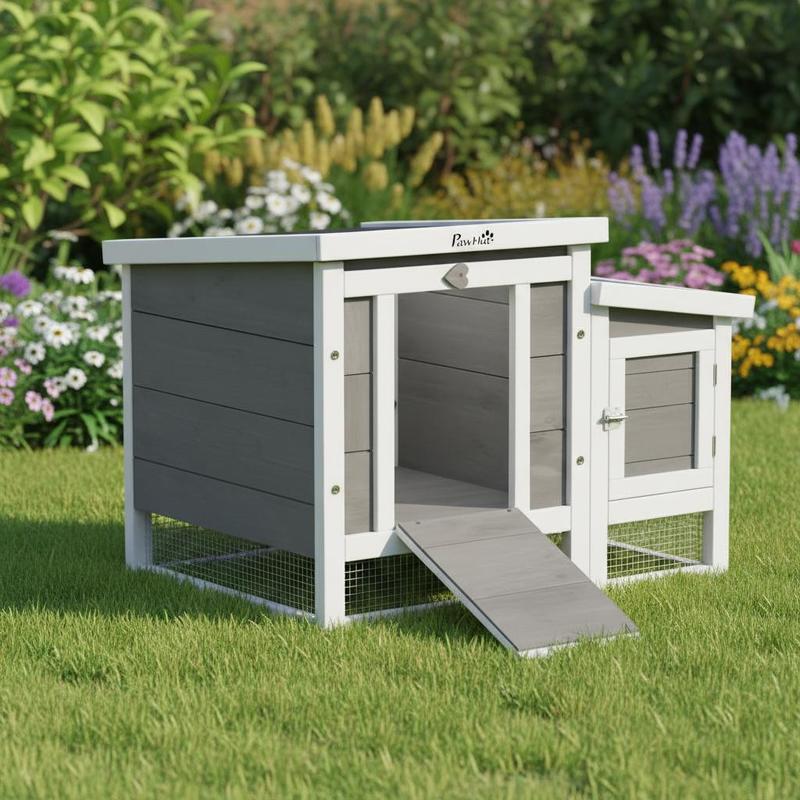 Rabbit Hutch Rabbit Cage With Ramps/ Door, Opening And Roof - In Fir Wood 53x41x41cm Gray And White