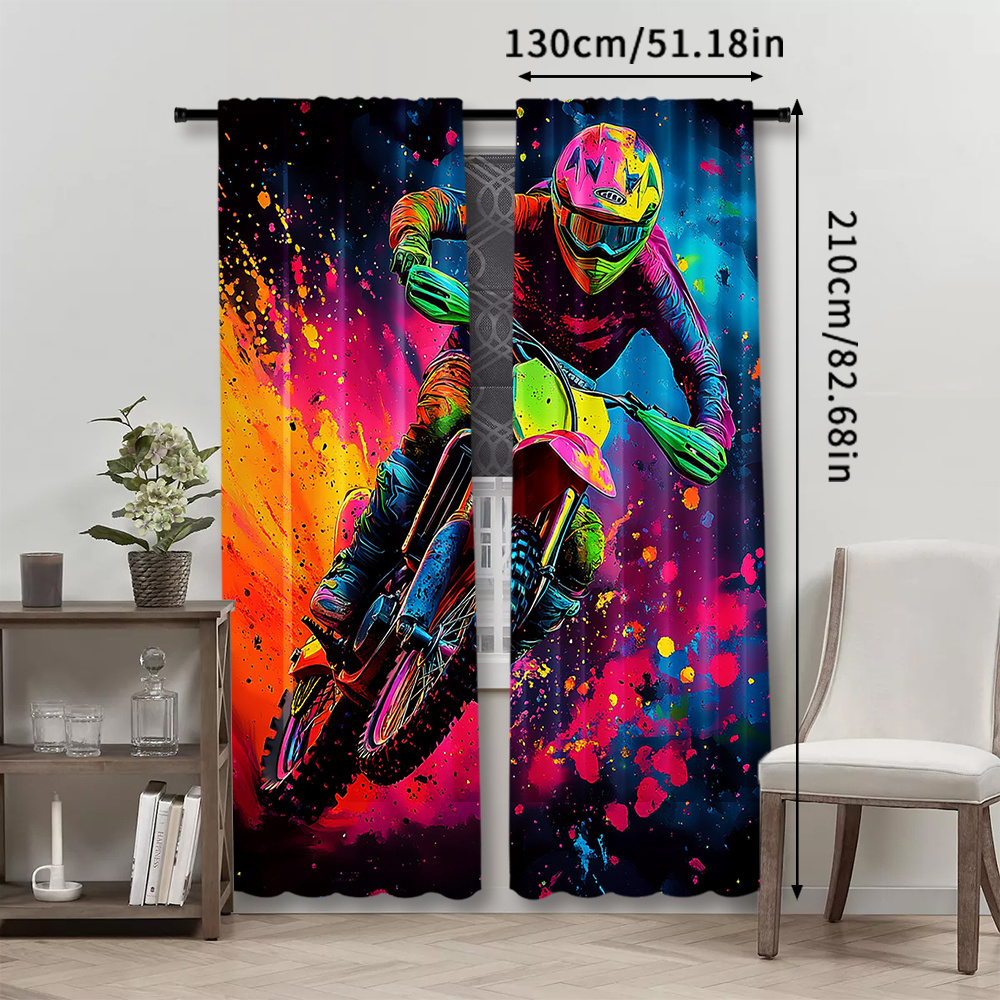 TEMU 2pcs, Curtain Panels For Motorcycle Racer Window Curtains Tie Dye Window Drapes Dirt Bike Motor Vehicles Biker Window Treatments For Car Game