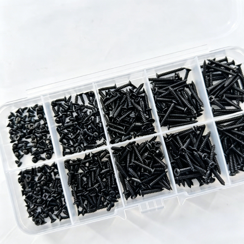 TEMU Ensemble de vis auto-taraudeuses noires, disponible en plusieurs spécifications et styles - Livré avec une boîte de rangement et d'organisation