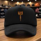 1pc adjustable trucker hat with life begins print black casual wear street style polyester fabric hand washable ideal for men and women casual headwear adjustable headgear polyester hat