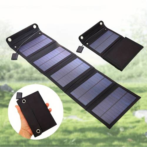 1pc portable 5 fold solar panel with usb foldable solar charger usb outdoor solar power bank for smartphones tablets camping rv lightweight compact solar device for fans flashlights usb