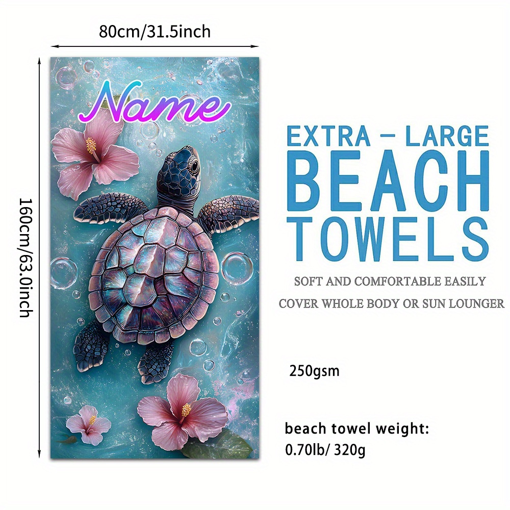 TEMU 1pc Serviette de Plage Personnalisable avec Nom, Serviette de Plage Tortue de Mer et Hibiscus, Microfibre, Serviette de Bain pour Piscine,