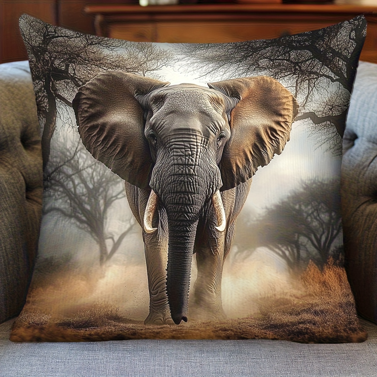TEMU 1pc African Wildlife Elephant Decorative Pillowcase, Featuring A Walking Elephant Pattern, Made Of Soft And Comfortable Polyester Short Plush