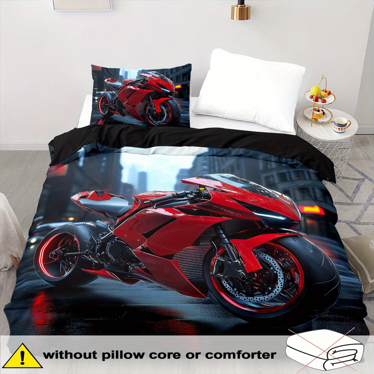 E-shop Bettbezug-Set mit Motorrad-Thema – 2/3-teilig, weich, bequem atmungsaktiv, bedruckte Bettwäsche mit Fahrzeugmotiv, Bettbezug-Set mit rotem