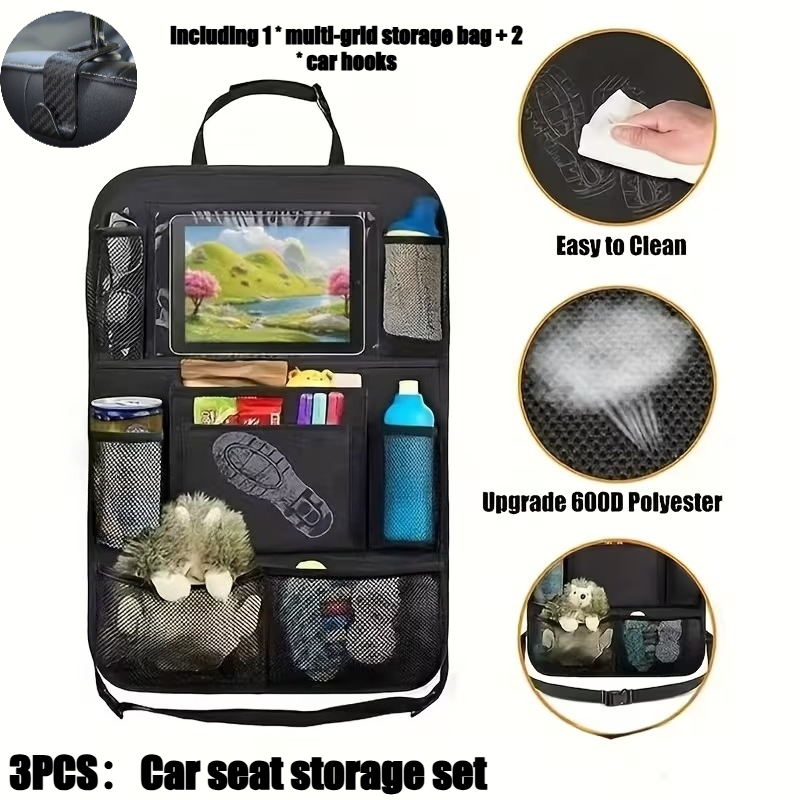 TEMU Vehicle Storage Reminder Items (storage Bag   2* Hooks) - Thickly Lined Rear Storage Bag With Mesh , Suitable For Road Trips, Commuting, Storage