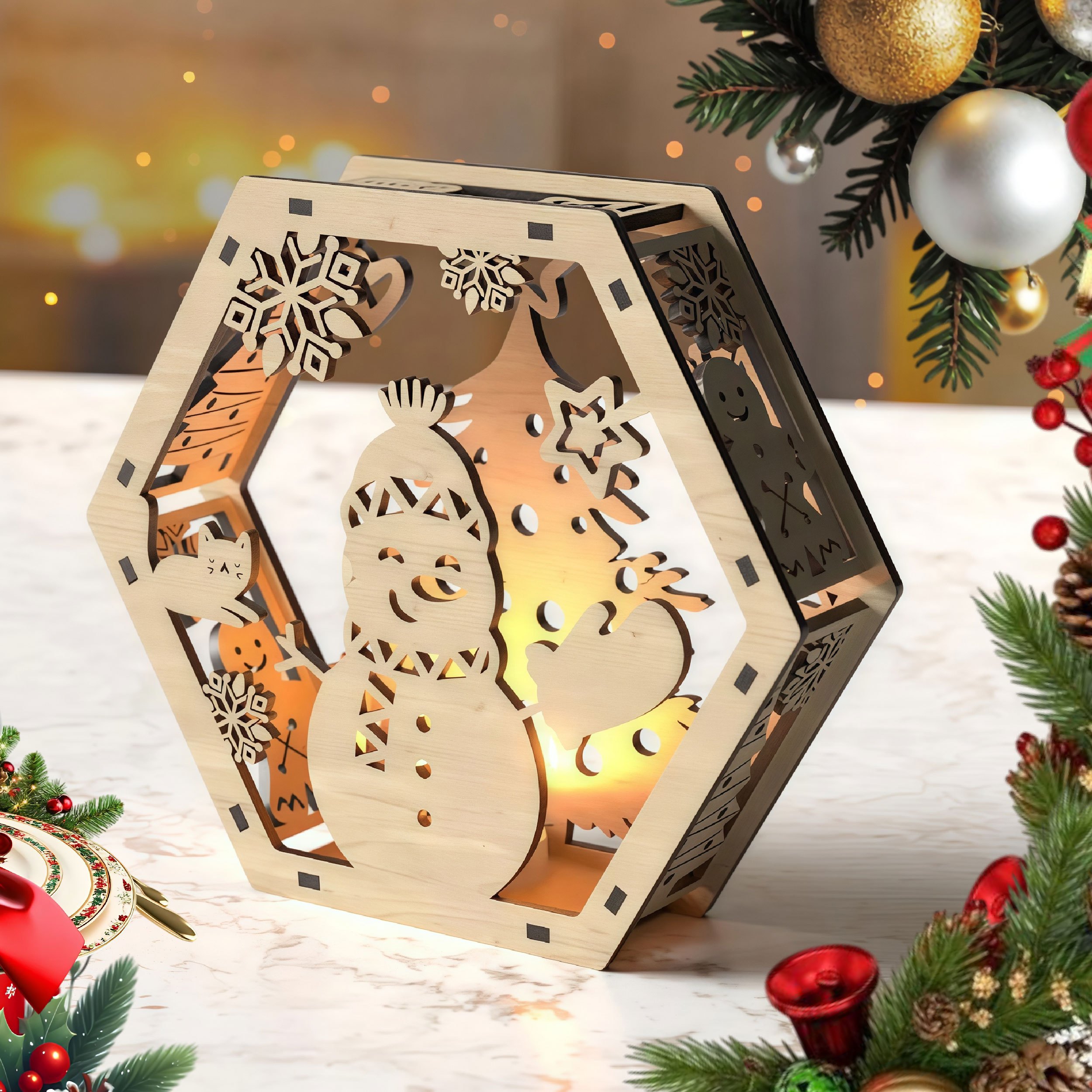 Image of Nativity Scene Decoration Christmas Wooden Hexagonal Lantern - Cutout Decoration With Reindeer, Snowman, Nativity Scene For Decor