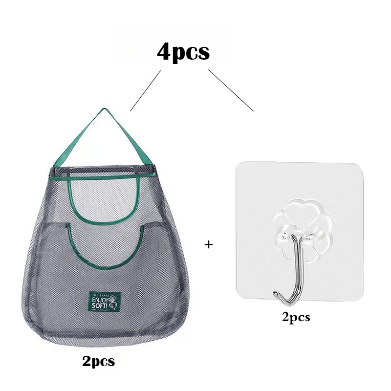TEMU 4pcs Large Hanging Kitchen Storage Net Bags Dual-pocket Wall-mounted Organizer For Fruits, Vegetables, Ginger & Garlic Accessory For Outdoor