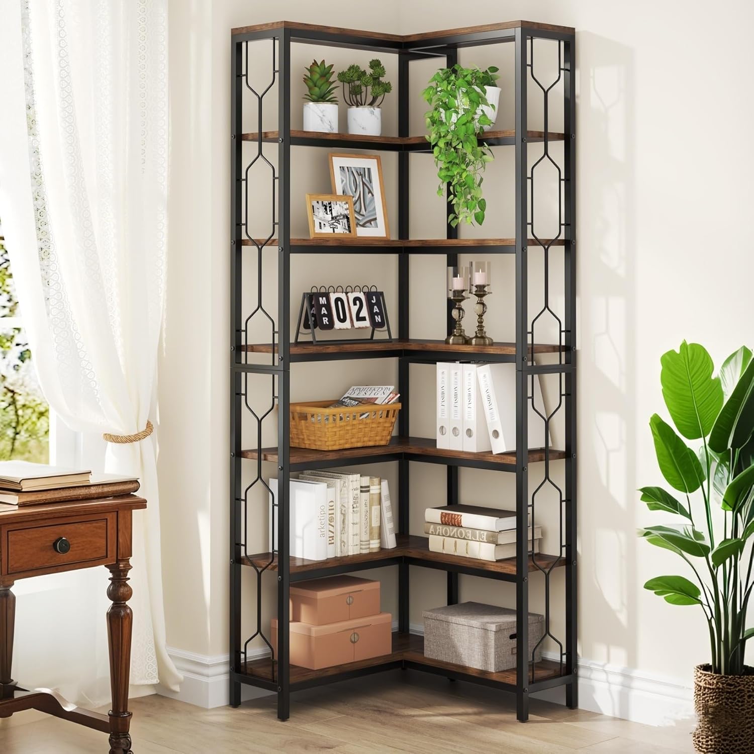 Image of 7-tier Corner Shelf, 78.7" Tall Bookshelf With Storage, Corner Bookshelf And Bookcase, Industrial Display Shelf, Large Bookcase For Living Room, Bed Room, Home Office (brown)