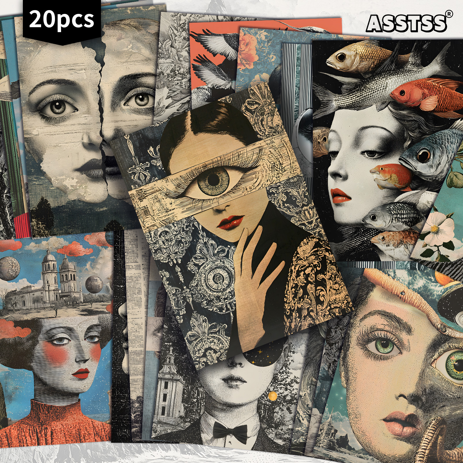 TEMU Confezione da 20 biglietti regalo ASSTSS Surreal Female Abstract Eyes - Carta per diari retr簷 Junk da 4X6 pollici, illustrazioni , biglietti da