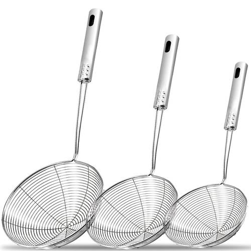 3pcs stainless steel spider strainer heavy duty long handle fine mesh drainer frying pan filter for soup vegetable egg cooking commercial home kitchen tool durable easy 560