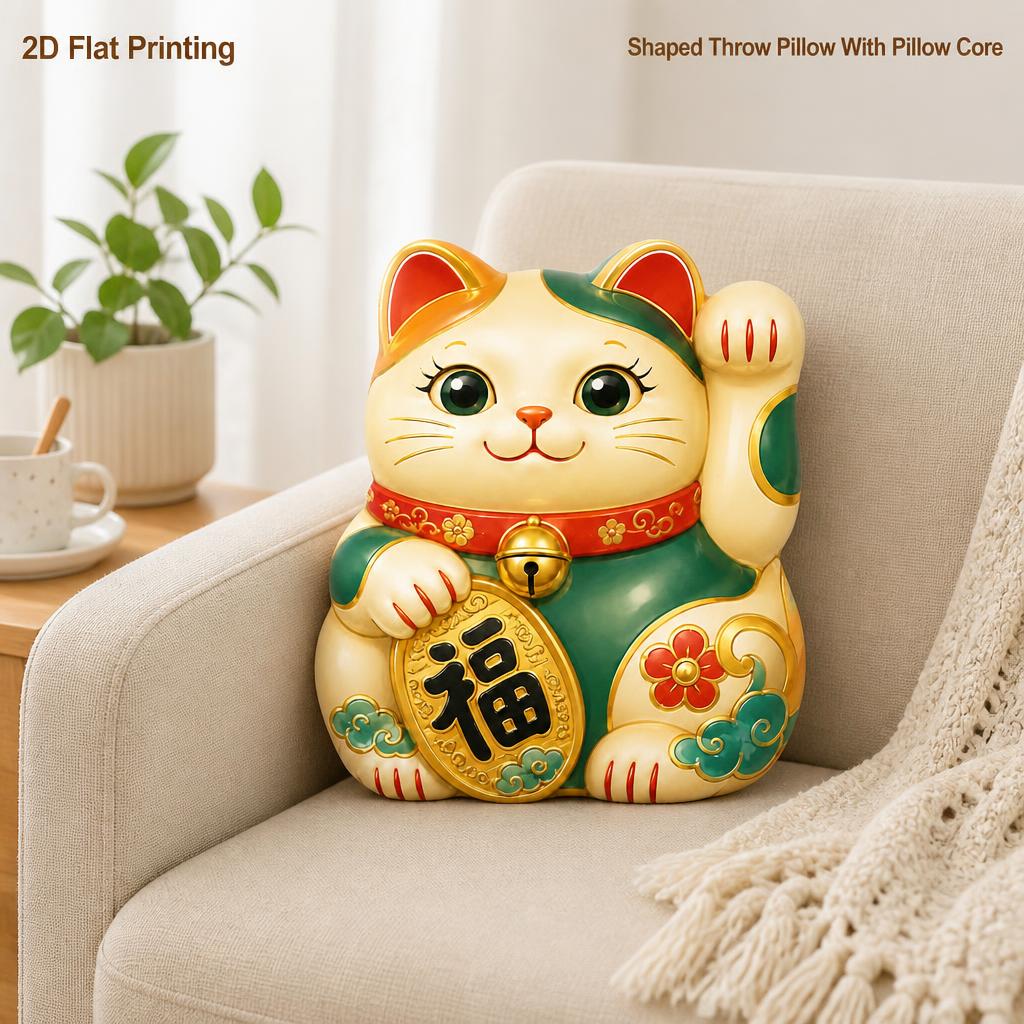 TEMU Waving Cat Fortune Gift 2d Flat Printing Shaped Stuffed Throw Pillow Decorative Cushion For Bedroom Sofa Living Room Good Luck Gift And Home