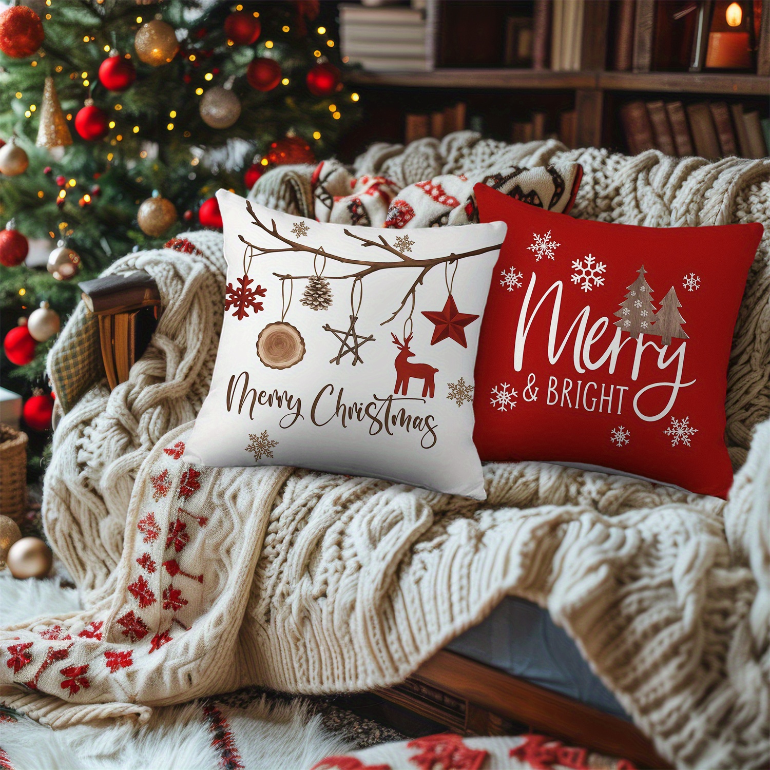 Merry Christmas Snowflake Red Reindeer Star Red Pine Tree Decorative Pillow Covers 4pcs Set Suitable for Family Gatherings Living Room Chair Sofa Decoration