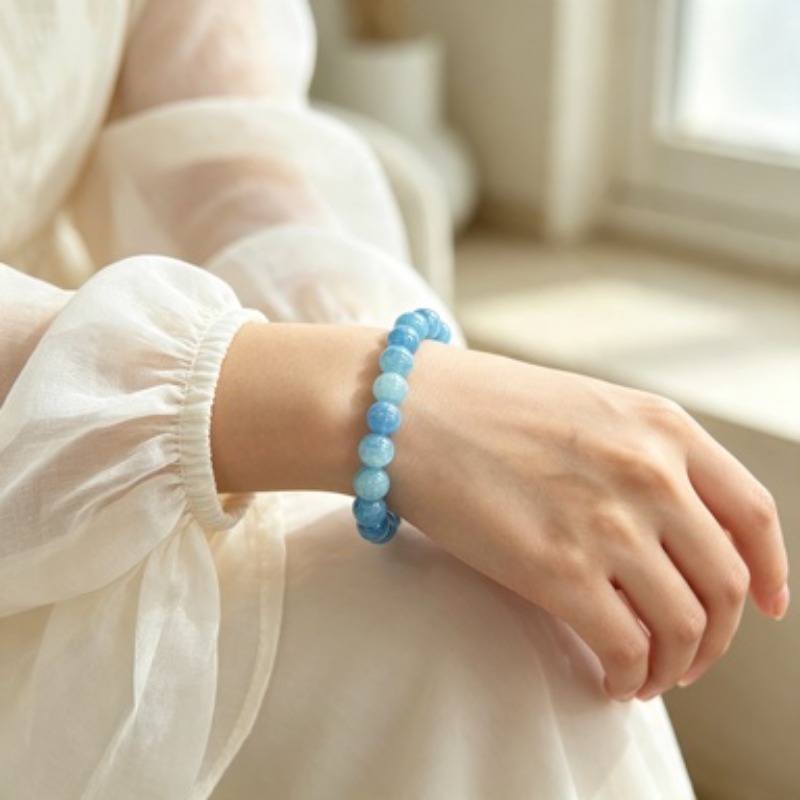 Ice-Clear Sea Blue Exploding Flower Round Bead Bracelet, Unisex Gift