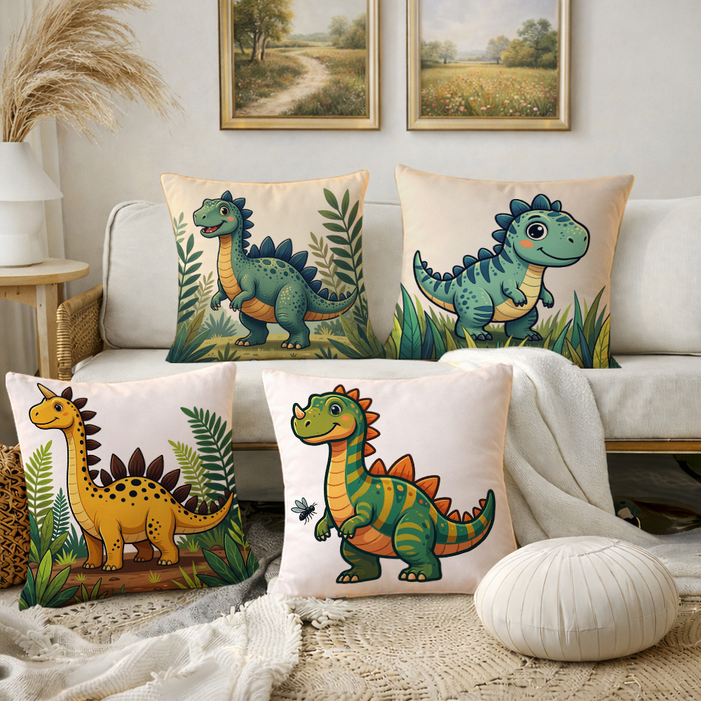 TEMU 4pcs Dinosaur Throw Pillow Covers - Contemporary Cushion Cases With Zipper Closure, & Pattern Suitable For Sofa, Bed, Car, Machine Washable