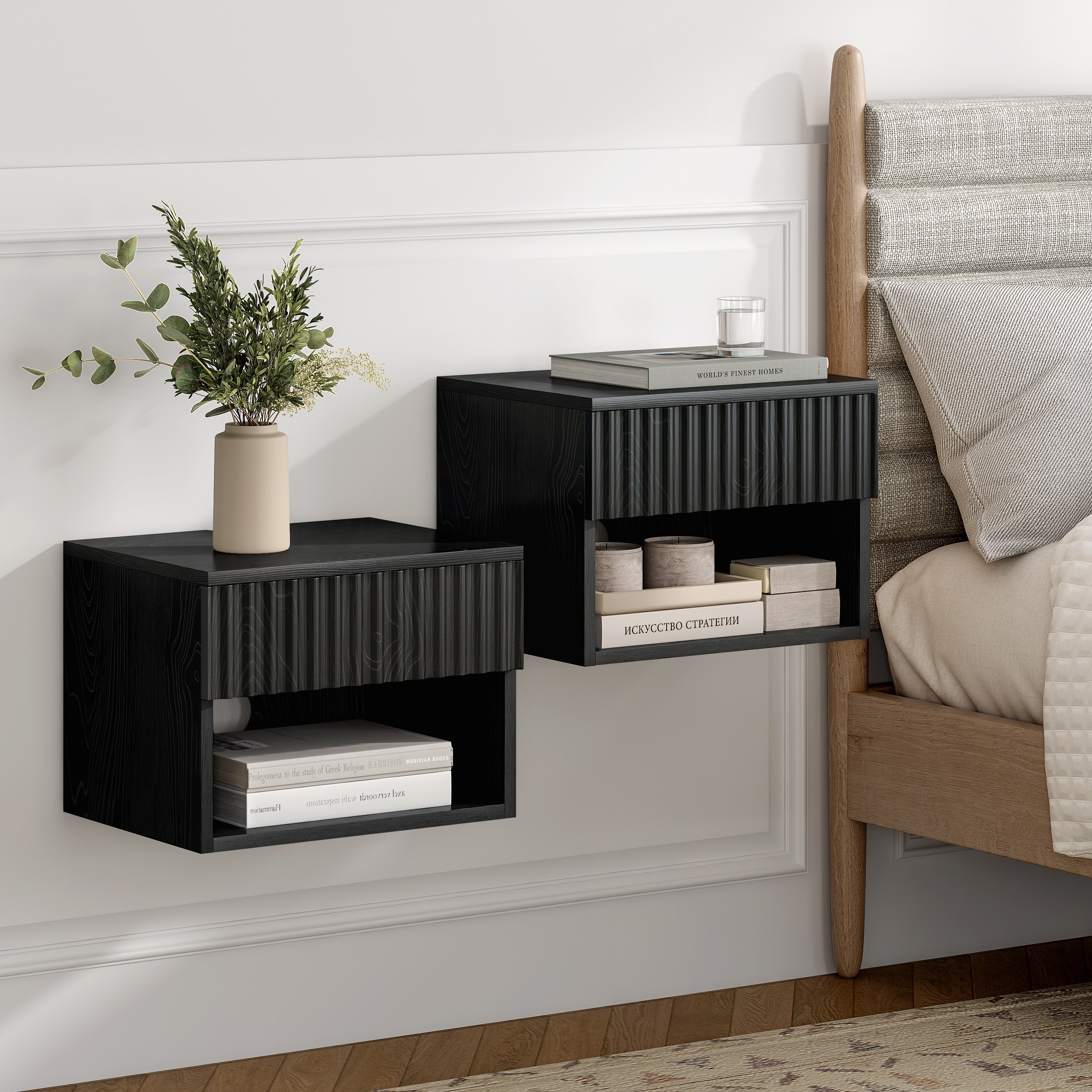 small floating nightstand with drawer   tv cabinet modern night stand with fluted door and open storage shelf wall mounted bedside table for bedroom entryway