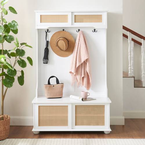 white entryway hall tree with bench shoe storage multi functional organizer with rattan door hooks shelves wood feet 40 16 w x 18 58 d 17 h easy assembly for mudroom foyer or hallway shoe rack for entrance bench hallway furniture sliding door design durable build practical